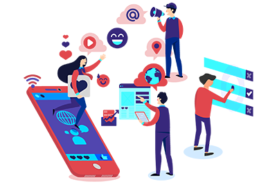 Cartoon picture of people working together to promote a website