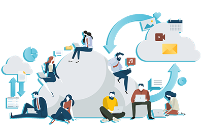 Cartoon picture of people working together over the cloud